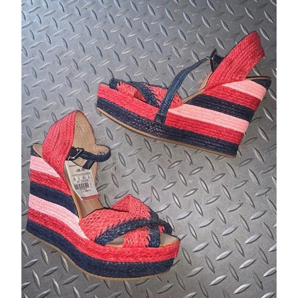 Zara Straw striped Wedges  8 120$ boho resort red blue nautical spring classic - Picture 1 of 1